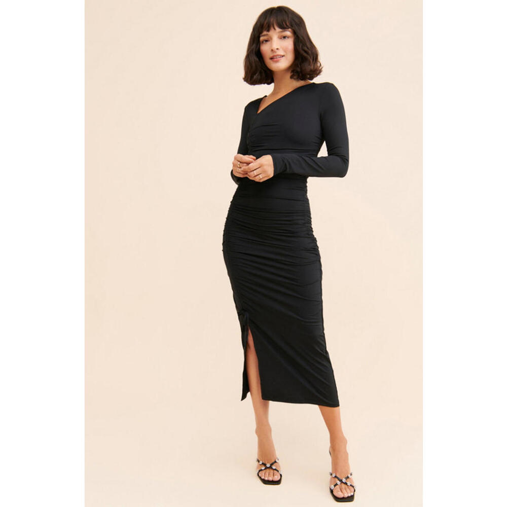 Rachel Parcell x Anthropologie - Asymmetric Black Long Sleeve Ruched Midi Dress